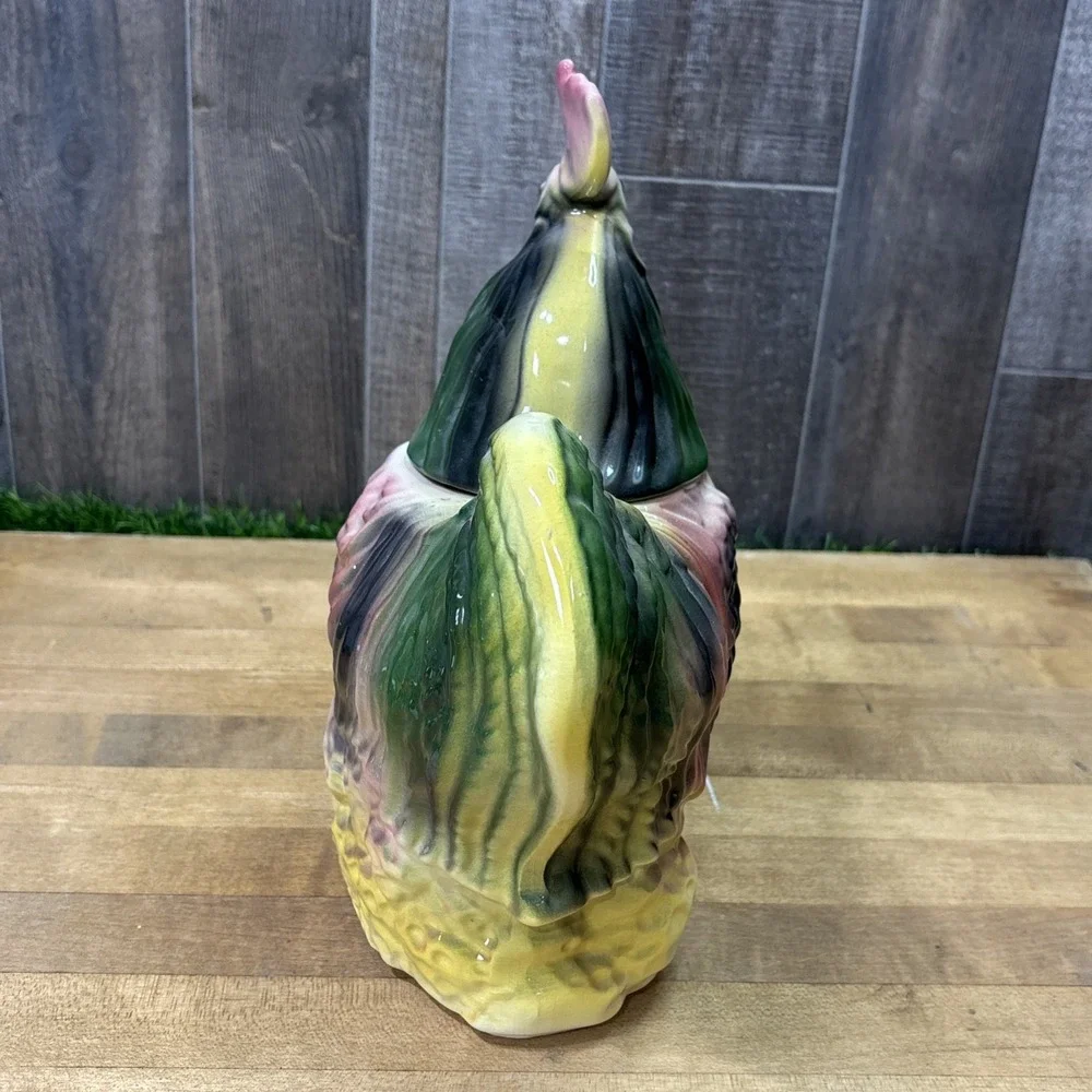 Vintage 1950s American Bisque Pottery Rooster Cookie Jar Colorful Farmhouse